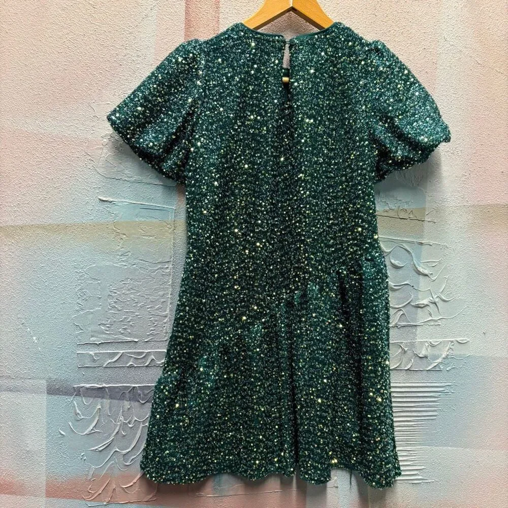Hayden Girls L Green Sequin Puff Sleeve Dress Christmas Holiday Glam Preppy Chic